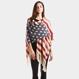 American USA Flag Printed Shawl Tassel Poncho