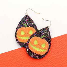 Pumpkin Accented Glittered Teardrop Dangle Earrings