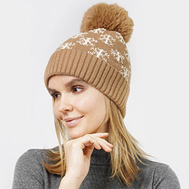 Snowflake Patterned Faux Fur Lining Knit Pom Pom Beanie Hat