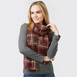 Plaid Check Patterned Lurex Sheer Crinkle Oblong Scarf