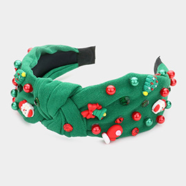 Christmas Tree Santa Claus Jingle Bell Glove Pearl Stone Embellished Knot Burnout Headband