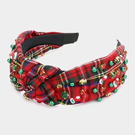 Christmas Socks Pearl Stone Embellished Knot Burnout Check Patterned Headband