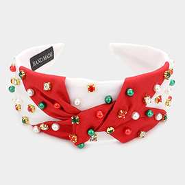 Pearl Stone Embellished Christmas Bow Headband