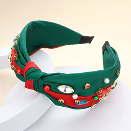 Christmas Pearl Multi Stone Embellished Knot Burnout Headband
