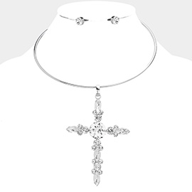 Multi Stone Embellished Cross Pendant Evening Choker Necklace