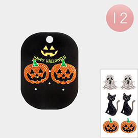 12Pairs - Rhinestone Embellished Pumpkin Ghost Cat Earrings