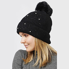 Pearl Embellished Lining Knit Pom Pom Beanie Hat