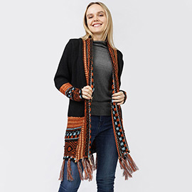 Ethnic Patterned Front Pocket Sweater Cardigan