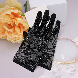 Stone Embellished Floral Lace Dressy Wedding Gloves