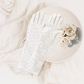 Stone Embellished Floral Lace Dressy Long Wedding Gloves