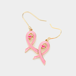 Enamel Heart Pointed Pink Ribbon Dangle Earrings