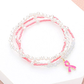 3PCS - Pink Ribbon Charm Pearl Beaded Stretch Bracelets