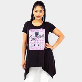 Believe Message Pink Ribbon Patterned Afro Girl Graphic Printed Half Sleeves Top