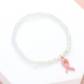 Pink Ribbon Charm Pearl Stretch Bracelet