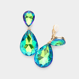 Glass Crystal Double Teardrop Clip on Evening Earrings