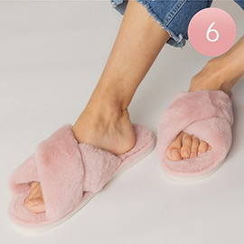 6Pairs - Solid Crisscross Faux Fur Soft Home Indoor Floor Slippers