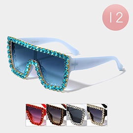 12PCS - Bubble Stone Embellished Visor Style Sunglasses