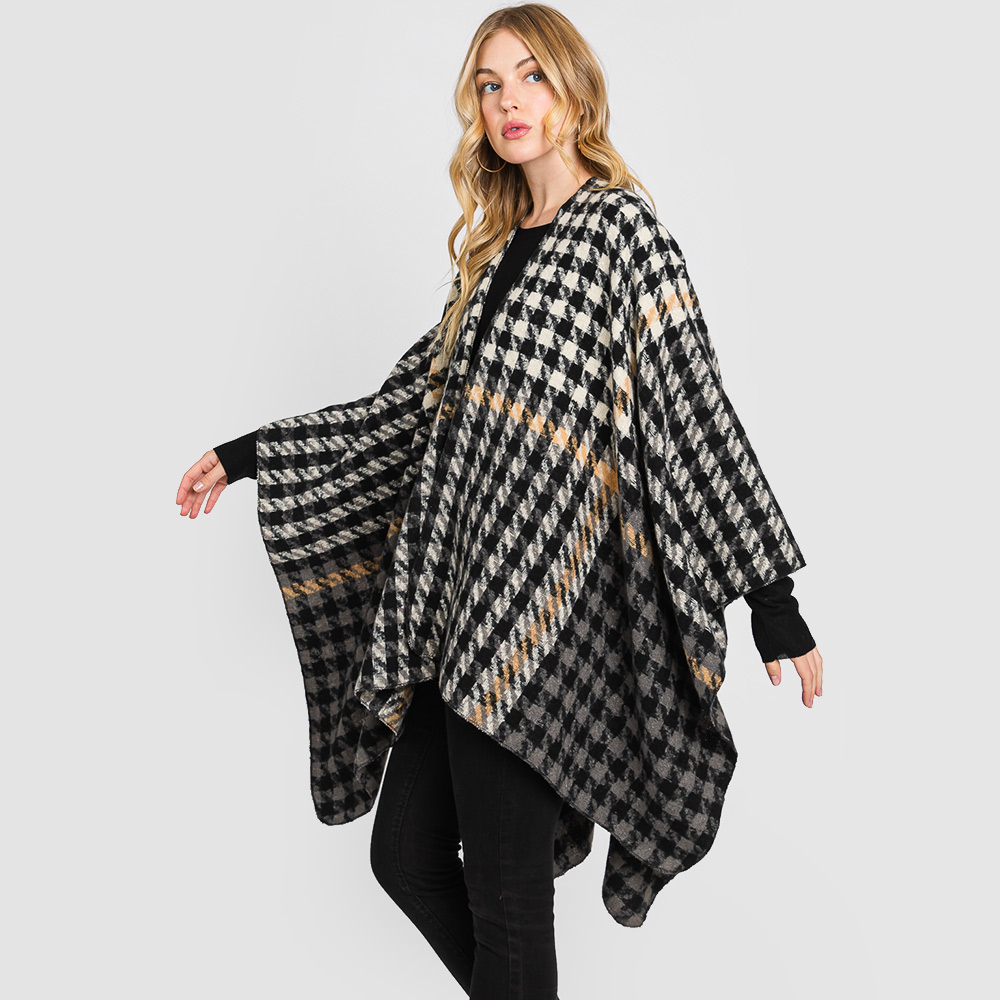 Houndstooth Patterned Ruana Poncho