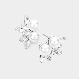 Pearl Pointed Marquise Stone Cluster Stud Evening Earrings