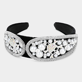 Skull Accented Pearl Stone Embellished Headband