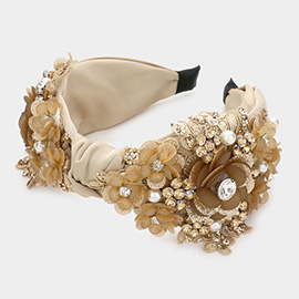 Pearl Stone Embellished Flower Cluster Knot Burnout Headband