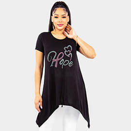 Bling Hope Message Pink Ribbon Heart Pointed Graphic Printed Half Sleeves Top