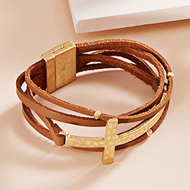 Metal Cross Accented Faux Leather Magnetic Bracelet