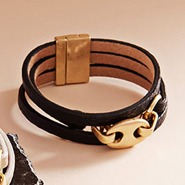 Abstract Metal Mariner Pointed Faux Leather Magnetic Bracelet