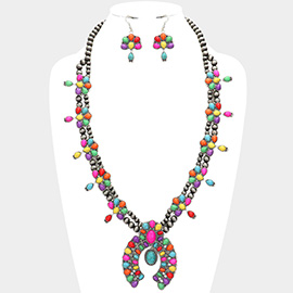Natural Stone Embellished Squash Blossom Navajo Bead Necklace