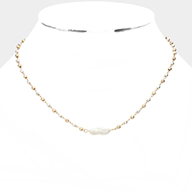Pearl Accented Metal Bead Link Necklace
