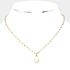 Pearl Pendant Metal Bead Link Necklace