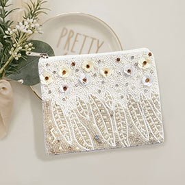 Pearl Sequin Seed Beaded Flower Leaf Mini Pouch Bag