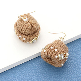 Pearl Key Lock Embellished Knit Beanie Hat Dangle Earrings