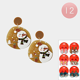 12Pairs - Christmas Tree Snowman Santa Claus Rudolph Printed Dangle Earrings