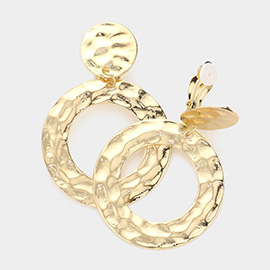 Hammered Open Metal Circle Link Dangle Clip on Earrings