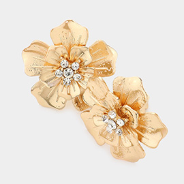 Stone Embellished Metal Flower Clip on Earrings