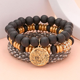3PCS - Textured Metal Disc Charm Wood Faceted Beaded Stretch Bracelets
