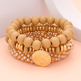 3PCS - Textured Metal Disc Charm Wood Faceted Beaded Stretch Bracelets