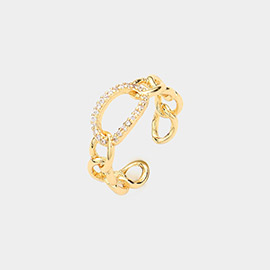 Brass Metal Rhinestone Embellished Open Oval Accented Ring