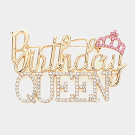 Stone Embellished Birthday Queen Message Crown Pin Brooch