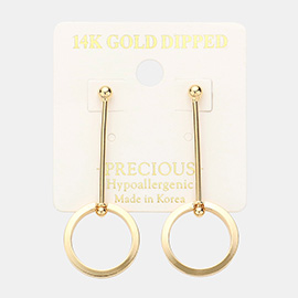 Gold Dipped Metal Bar Open Circle Dangle Earrings
