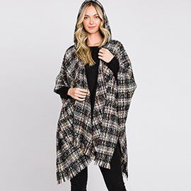 Hooded Plaid Check Patterned Front Pockets Fringe Ruana Poncho