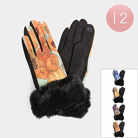 12Pairs - Painting Print Faux Fur Cuff Touch Smart Gloves