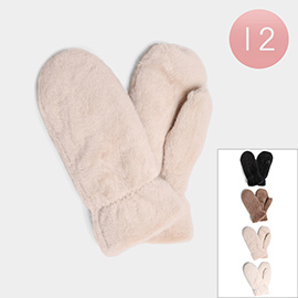 12Pairs - Faux Fur Lining Mitten Gloves