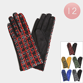 12Pairs - Plaid Check Patterned Tweed Touch Smart Gloves
