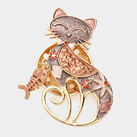 Flower Fishbone Pointed Colored Metal Cat Magnetic Brooch