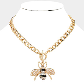 Pearl Embellished Bee Pendant Toggle Necklace