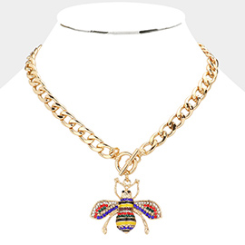 Rhinestone Embellished Bee Pendant Toggle Necklace