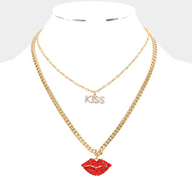Stone Embellished Kiss Message Lips Pendant Double Layered Necklace