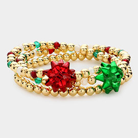 3PCS - Christmas Gift Bow Accented Metal Ball Stretch Bracelets